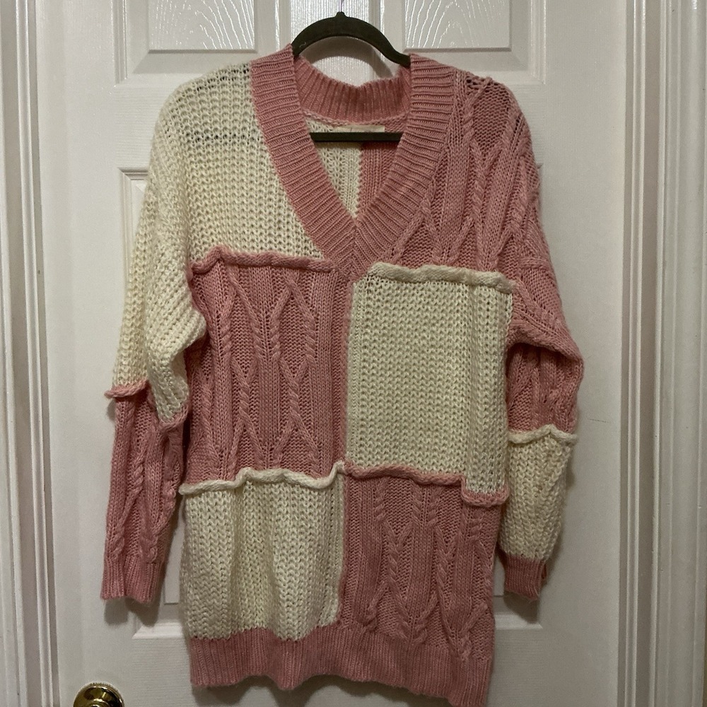 Kanco Women's Dreamy Oversized Tunic Patchwork Sweater S-M Pink/Cream Cable Knit
